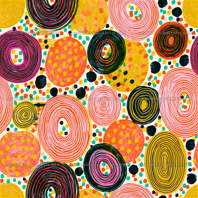 Colorful circular design with polka dots and swirls — seamless tileable pattern