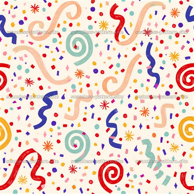 Colorful party seamless pattern featuring swirls and confetti — seamless tileable pattern
