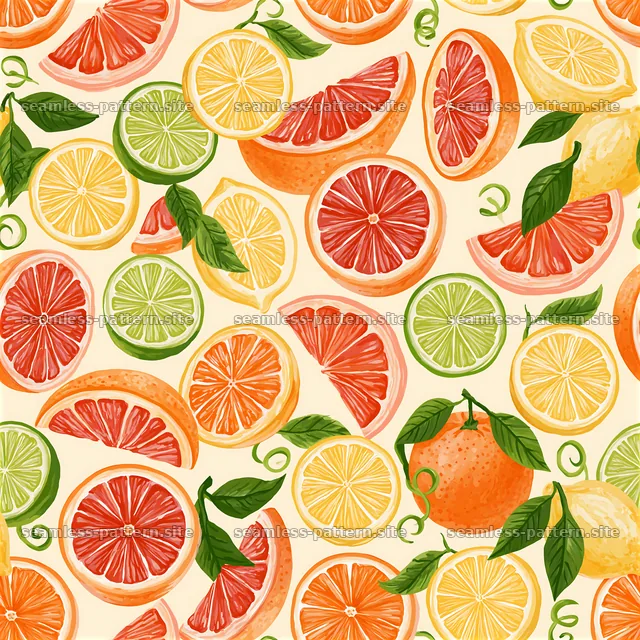 Colorful citrus seamless pattern with oranges, lemons, and limes — seamless tileable pattern