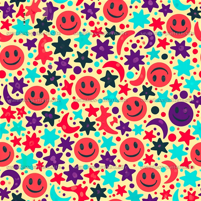 Funky Smiley Faces and Stars Seamless Pattern — seamless tileable pattern