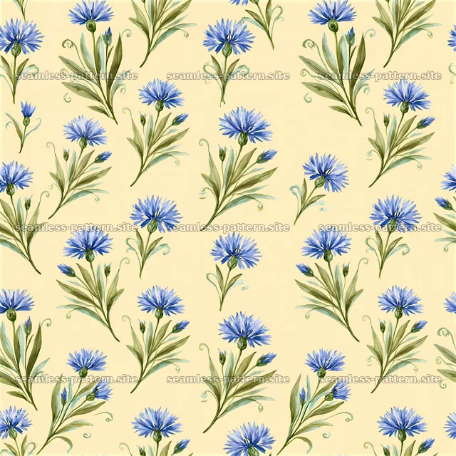 Repeating watercolor cornflower pattern with blue flowers and green leaves — seamless tileable pattern