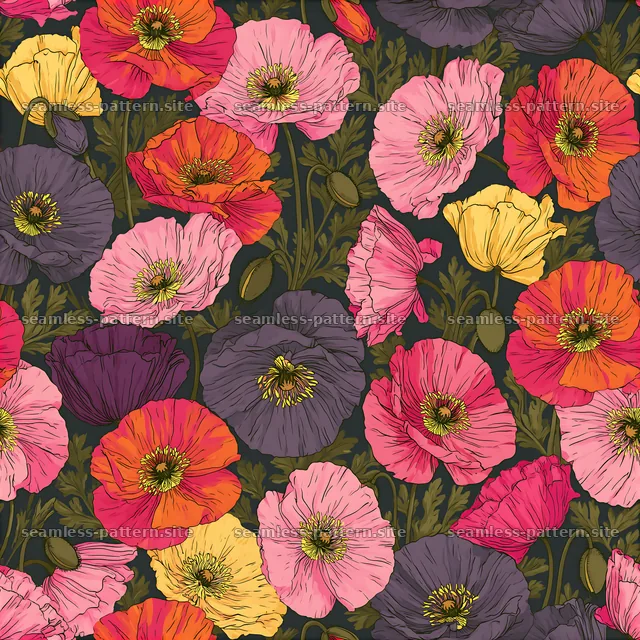 Colorful Poppy Seamless Pattern with Lush Foliage — seamless tileable pattern