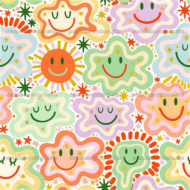 Colorful, smiling face designs in a seamless pattern — seamless tileable pattern