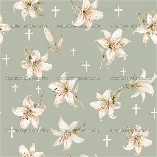 Watercolor Lily and Cross Repeating Pattern — seamless tileable pattern