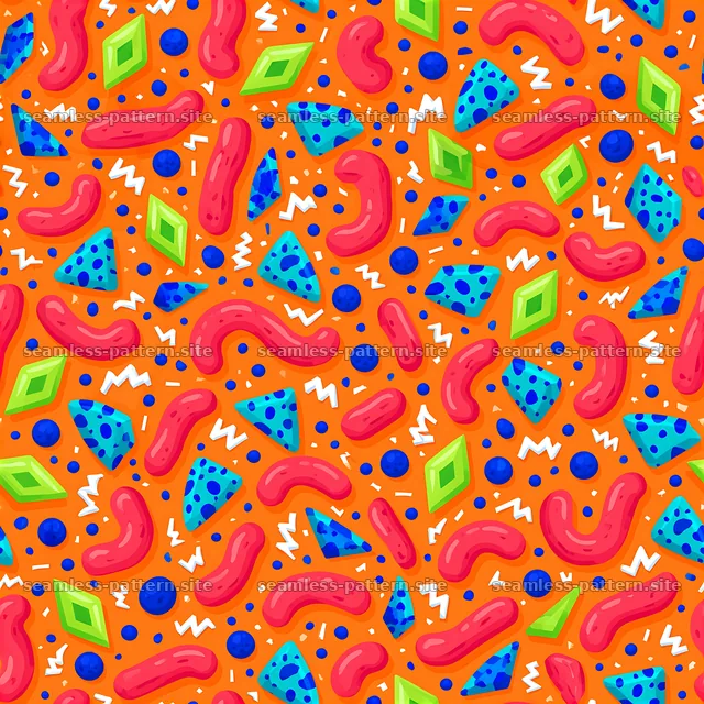 Colorful geometric shapes on a bright orange background — seamless tileable pattern