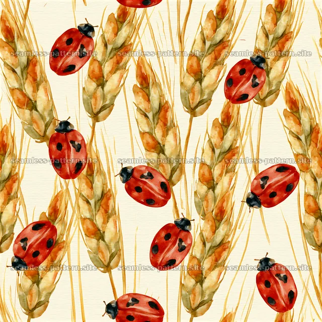 Seamless watercolor ladybug pattern with wheat and beige background — seamless tileable pattern