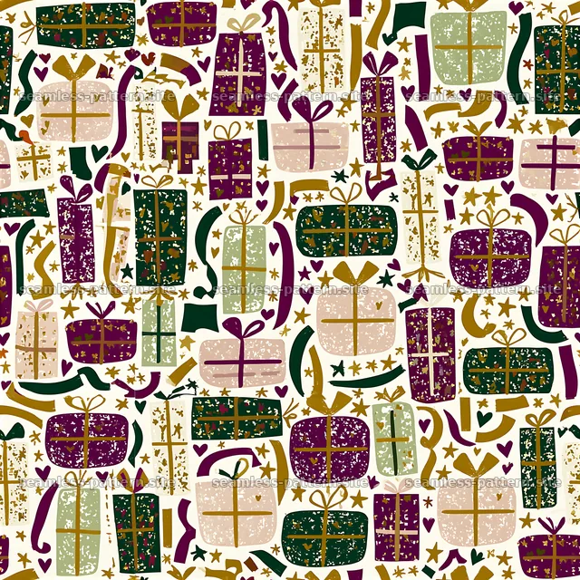 Colorful gifts arranged in a playful repeat pattern — seamless tileable pattern