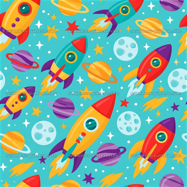Colorful rocket pattern with stars and planets for kids' designs — seamless tileable pattern