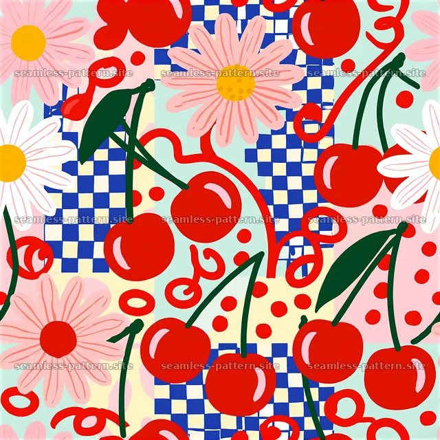 Bright eclectic seamless pattern with cherries and flowers — seamless tileable pattern