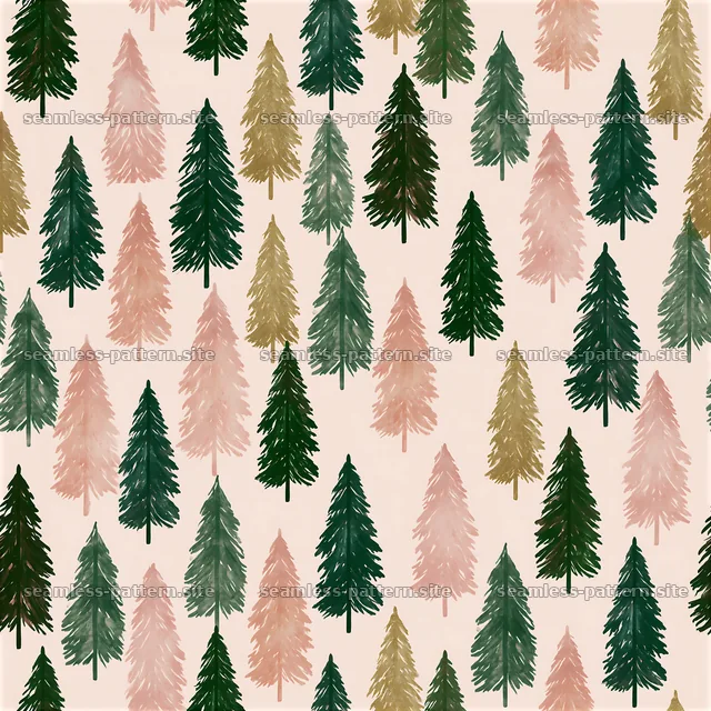 Seamless cute Christmas tree pattern with various green and pink trees — seamless tileable pattern