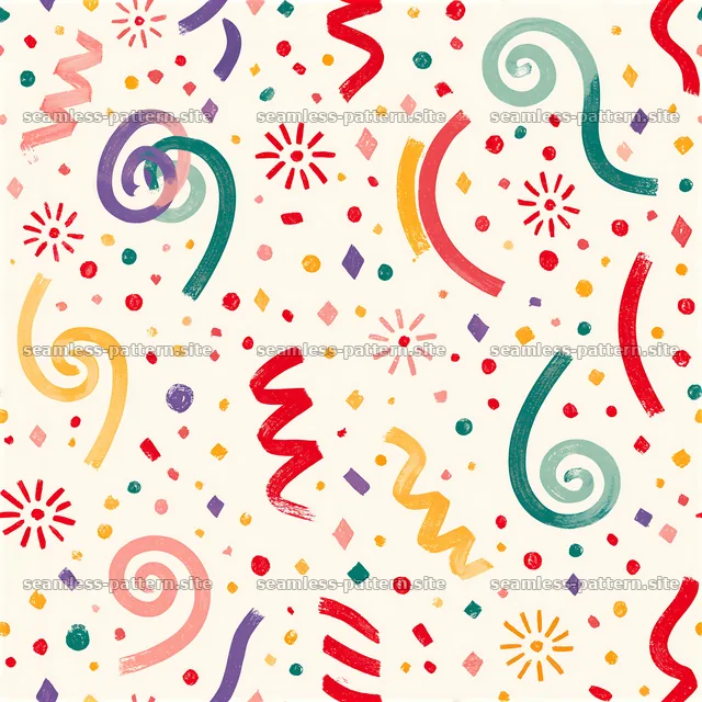 Colorful party seamless pattern with swirls and confetti shapes — seamless tileable pattern
