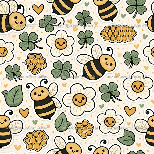 Colorful seamless pattern with bees, flowers, and honeycombs — seamless tileable pattern
