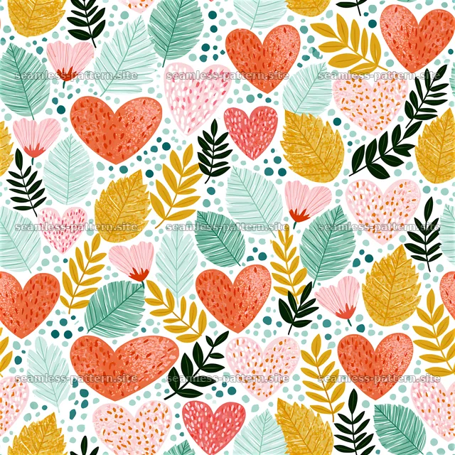 Colorful Hearts and Botanical Leaves Seamless Pattern — seamless tileable pattern