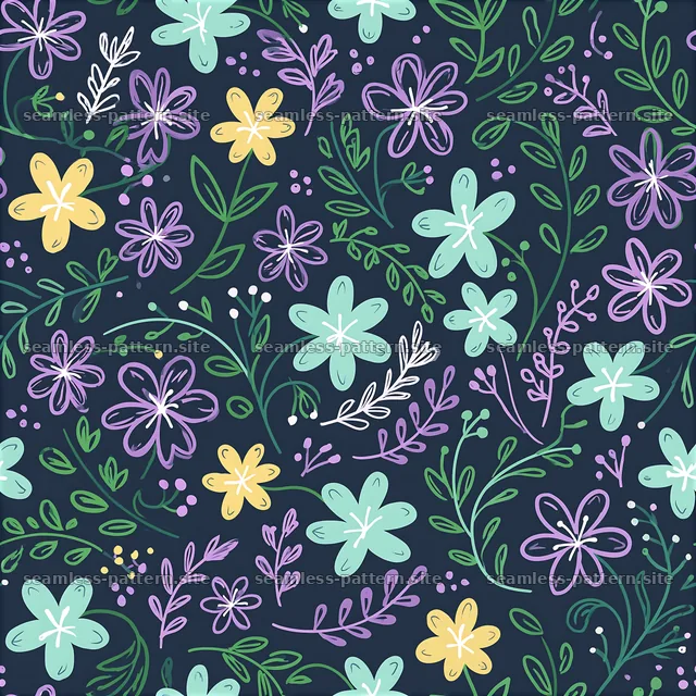 Cute floral doodles seamless pattern with colorful flowers and leaves — seamless tileable pattern