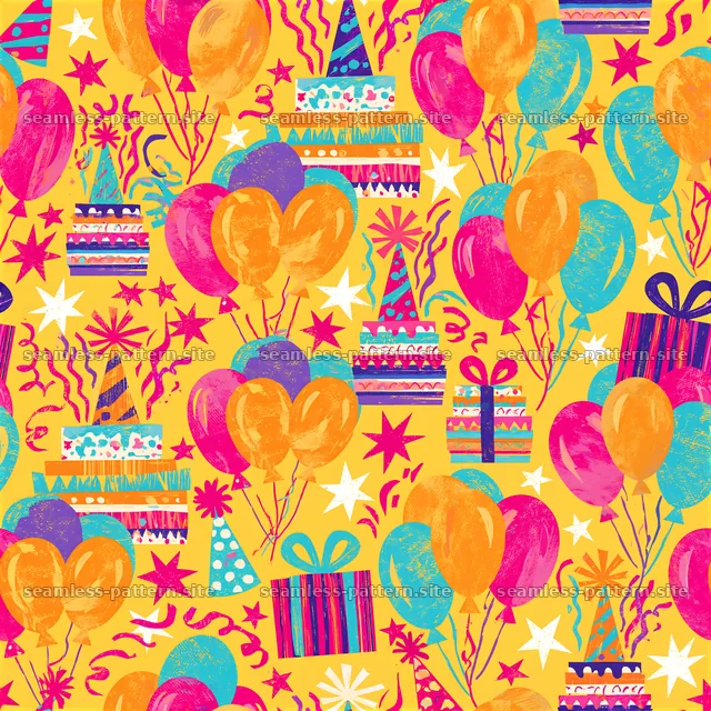 Birthday scrapbook repeat pattern with balloons, cakes, and gifts — seamless tileable pattern