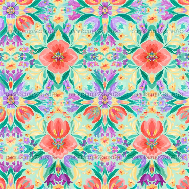 Vivid floral kaleidoscope tileable pattern creates a seamless design — seamless tileable pattern