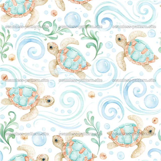 Cute turtle seamless pattern with water swirls and bubbles — seamless tileable pattern