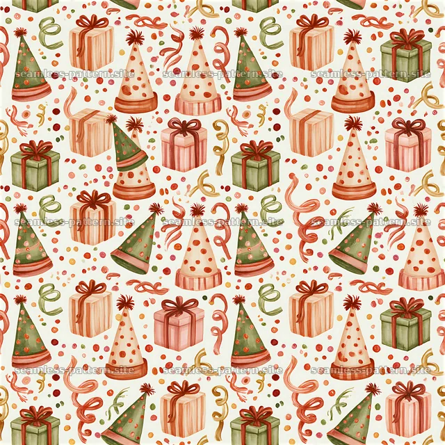 Birthday Wallpaper Repeat Pattern with Gifts and Party Hats — seamless tileable pattern