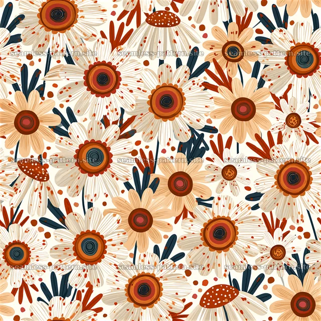 Funky Daisy Floral Seamless Pattern in Warm Retro Colors — seamless tileable pattern