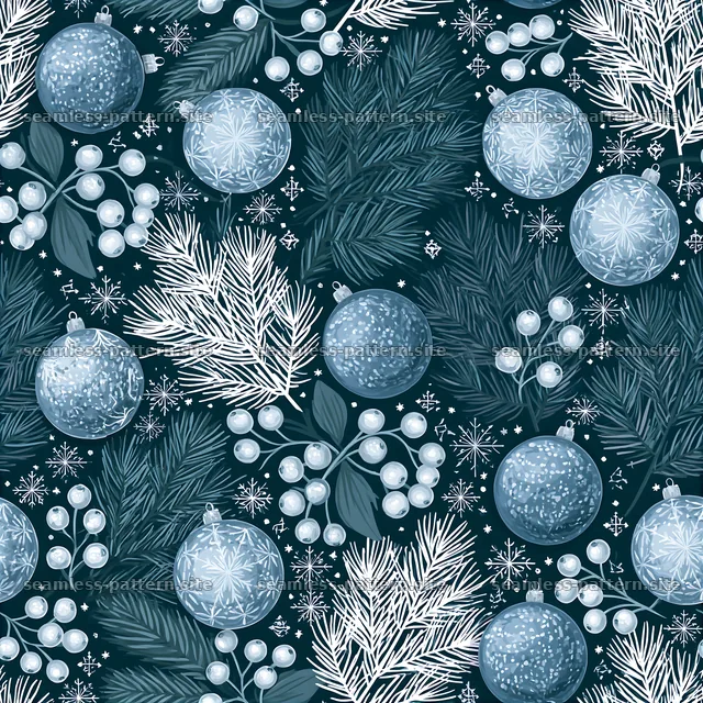 Winter foliage and ornaments seamless pattern for holiday decor — seamless tileable pattern