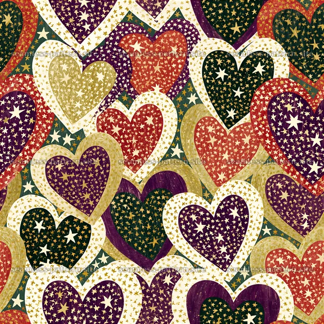 Seamless heart and star pattern in jewel tones — seamless tileable pattern