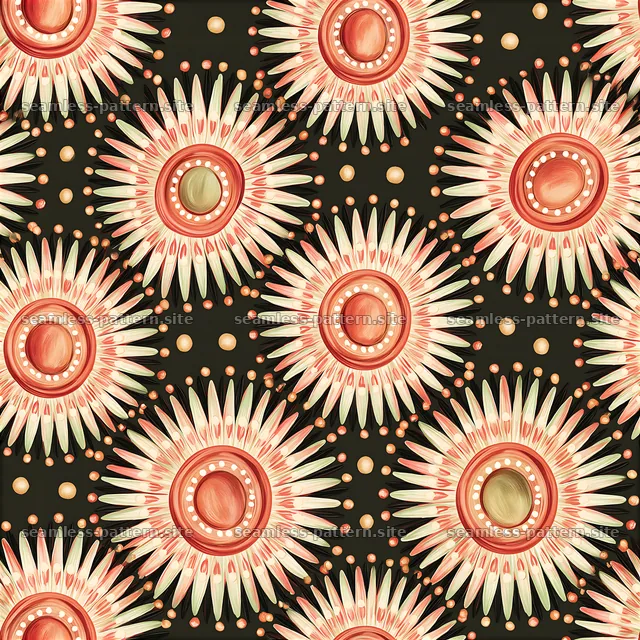 Bold floral sun pattern in black, red, and gold colors — seamless tileable pattern