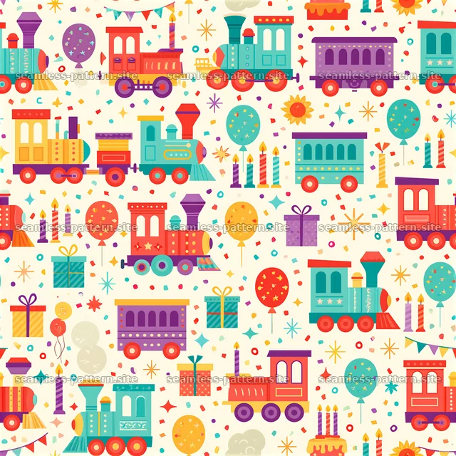 Birthday trains seamless pattern with colorful elements for celebrations — seamless tileable pattern