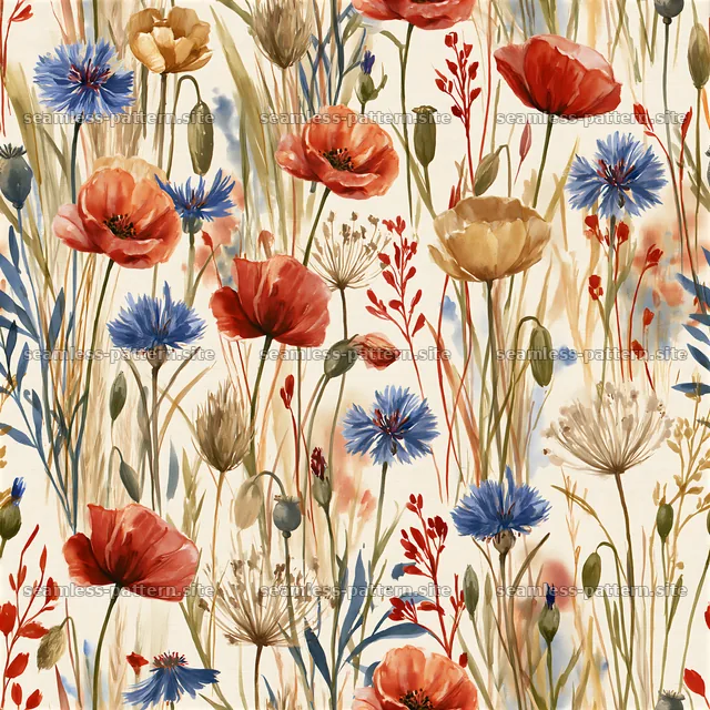 Watercolor floral repeating pattern featuring colorful wildflowers — seamless tileable pattern