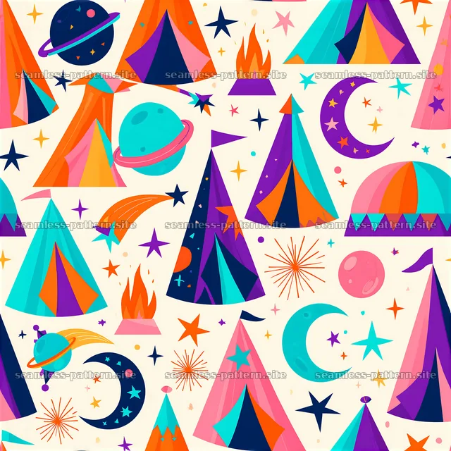 Colorful camping tents with stars, planets, and moons in a fun pattern — seamless tileable pattern