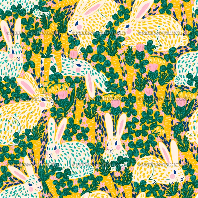 Bunnies in a vibrant garden setting with green and yellow elements — seamless tileable pattern