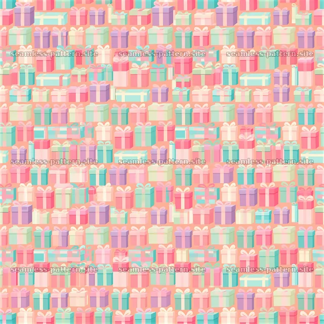 Repeating pattern of pastel Christmas gift boxes on a light background — seamless tileable pattern