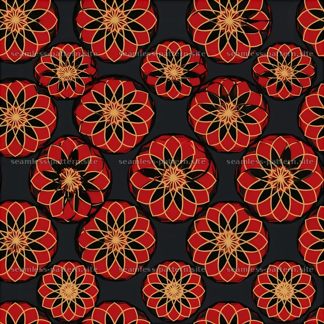 Geometric Red and Gold Flower Pattern on Black — seamless tileable pattern