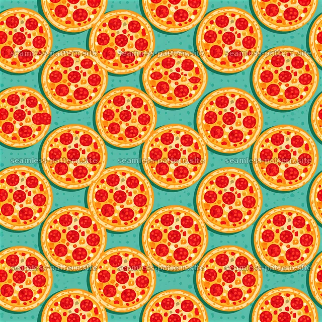 Seamless tablecloth pizza pattern across a vibrant turquoise background — seamless tileable pattern