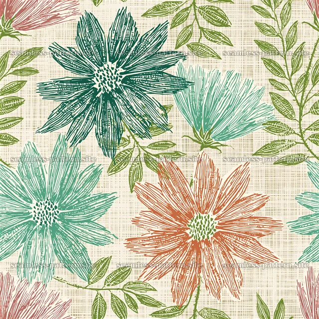 Bright Geometric Flowers and Leaves Seamless Pattern — seamless tileable pattern