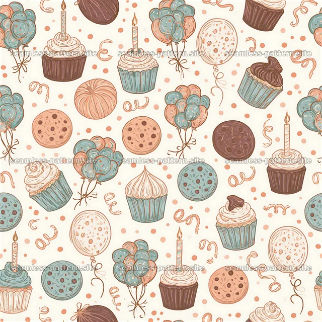 Birthday cupcakes, balloons and cookies seamless pattern — seamless tileable pattern