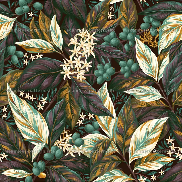 Colorful leaves and coffee blossoms in seamless design — seamless tileable pattern