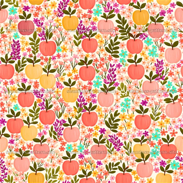 Colorful apple seamless pattern with flowers and leaves design — seamless tileable pattern