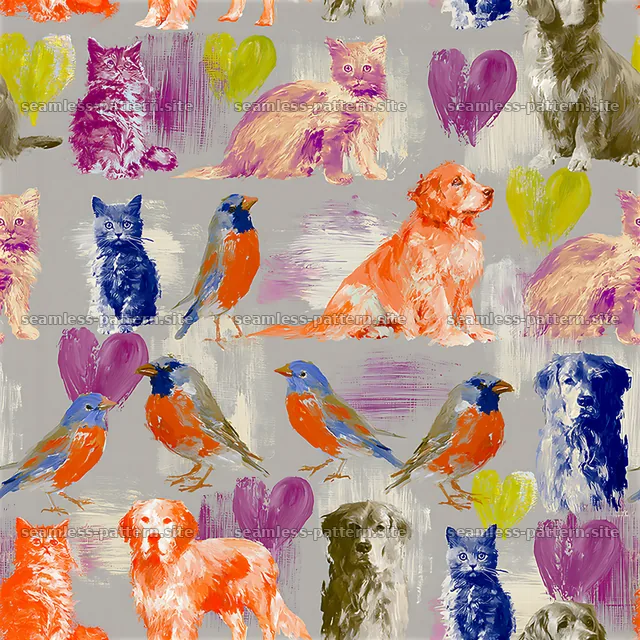 Colorful animal seamless pattern with pets and hearts design — seamless tileable pattern