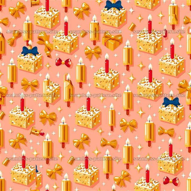 Colorful seamless pattern with birthday cakes, candles, and gifts — seamless tileable pattern