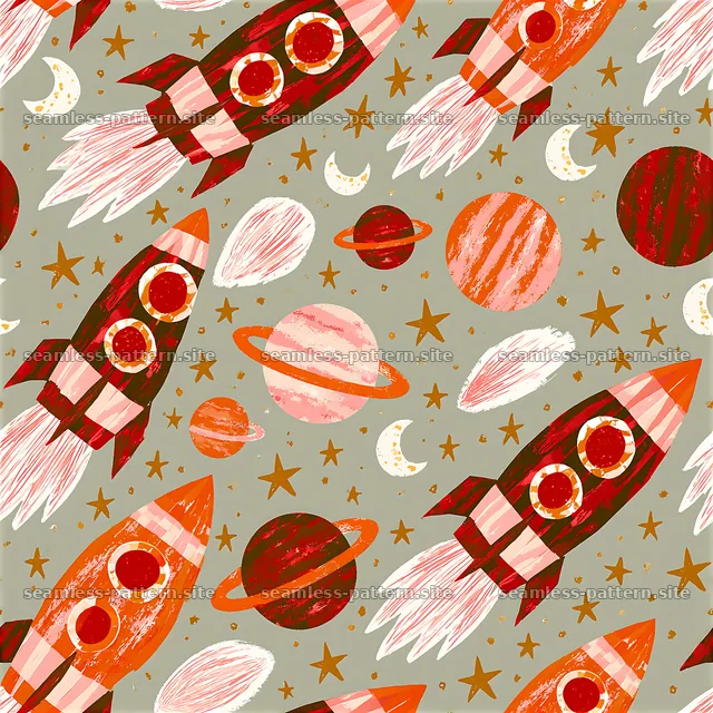 Vintage Rocket Ships and Planets Space Pattern — seamless tileable pattern