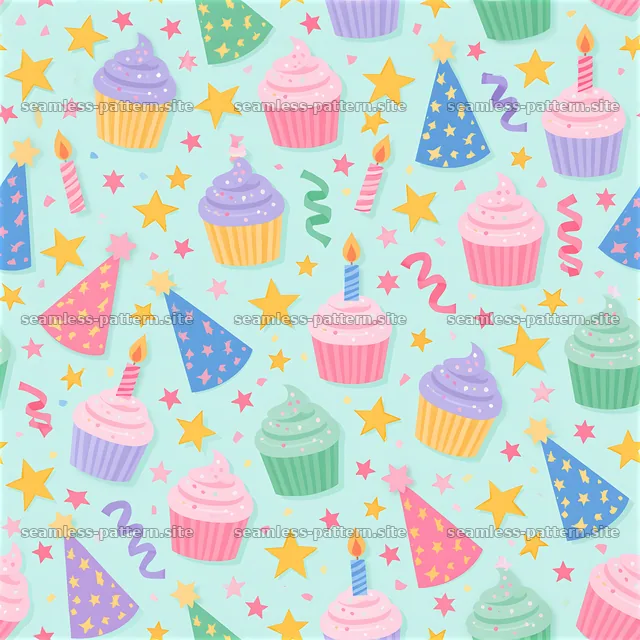 Birthday pastel seamless pattern with cupcakes and party hats — seamless tileable pattern