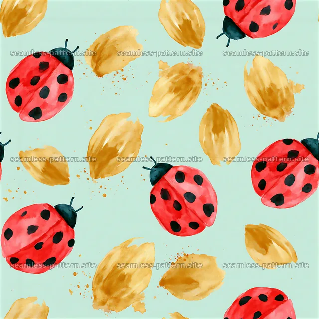Seamless watercolor ladybug pattern with gold accents on blue background — seamless tileable pattern