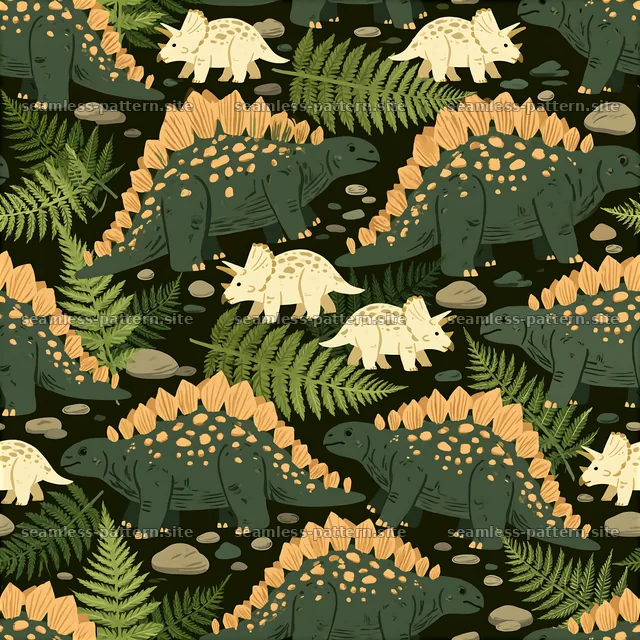 Cute dinosaur seamless pattern with ferns and rocks in dark colors — seamless tileable pattern