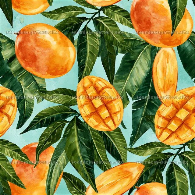 Seamless watercolor fruit pattern featuring mango and orange — seamless tileable pattern