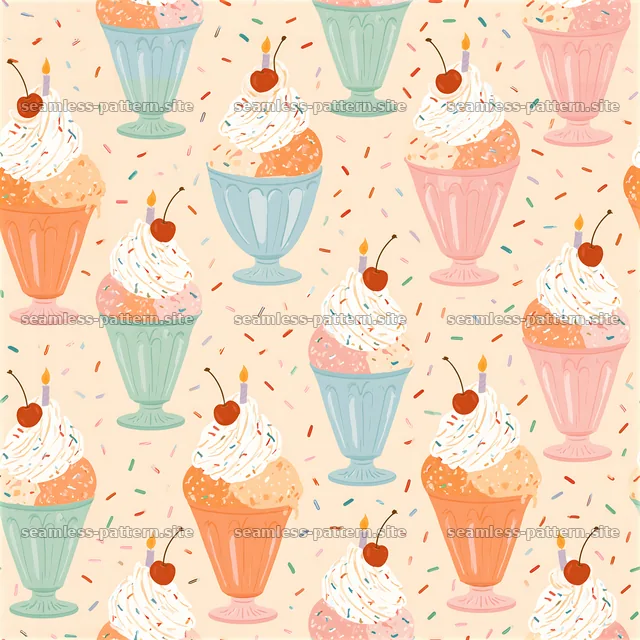 Birthday ice cream seamless pattern with colorful ice cream sundaes — seamless tileable pattern