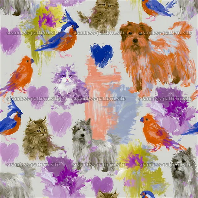 Colorful Cats, Dogs and Birds Seamless Pattern — seamless tileable pattern