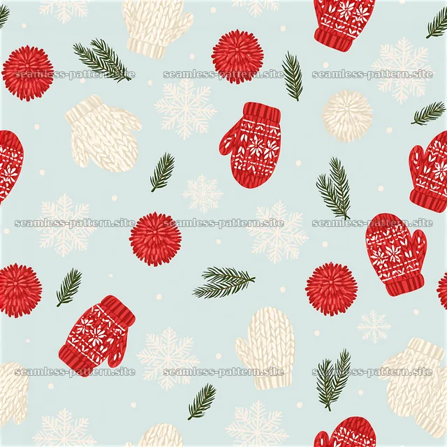 Christmas Mittens, Snowflakes and Pine Branches Pattern — seamless tileable pattern