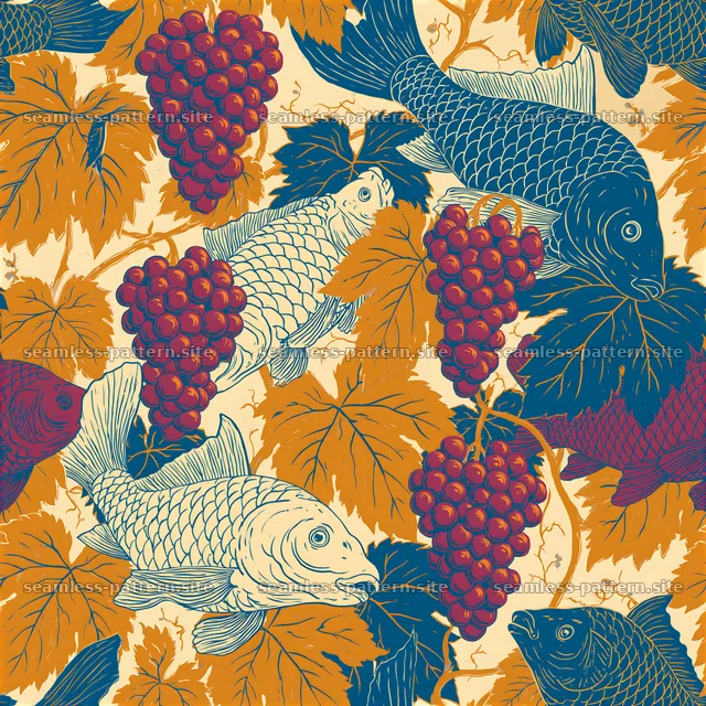 Grapevines and Fish Folk Art Seamless Pattern — seamless tileable pattern