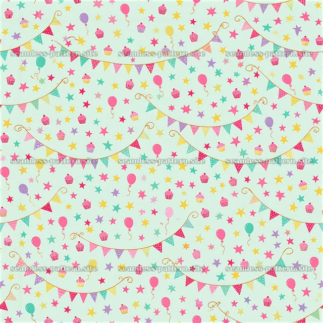 Birthday bunting seamless pattern with balloons and cupcakes — seamless tileable pattern