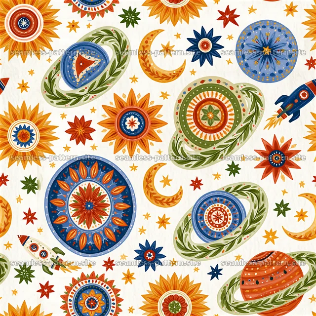 Colorful space seamless pattern with planets, stars, and rockets — seamless tileable pattern